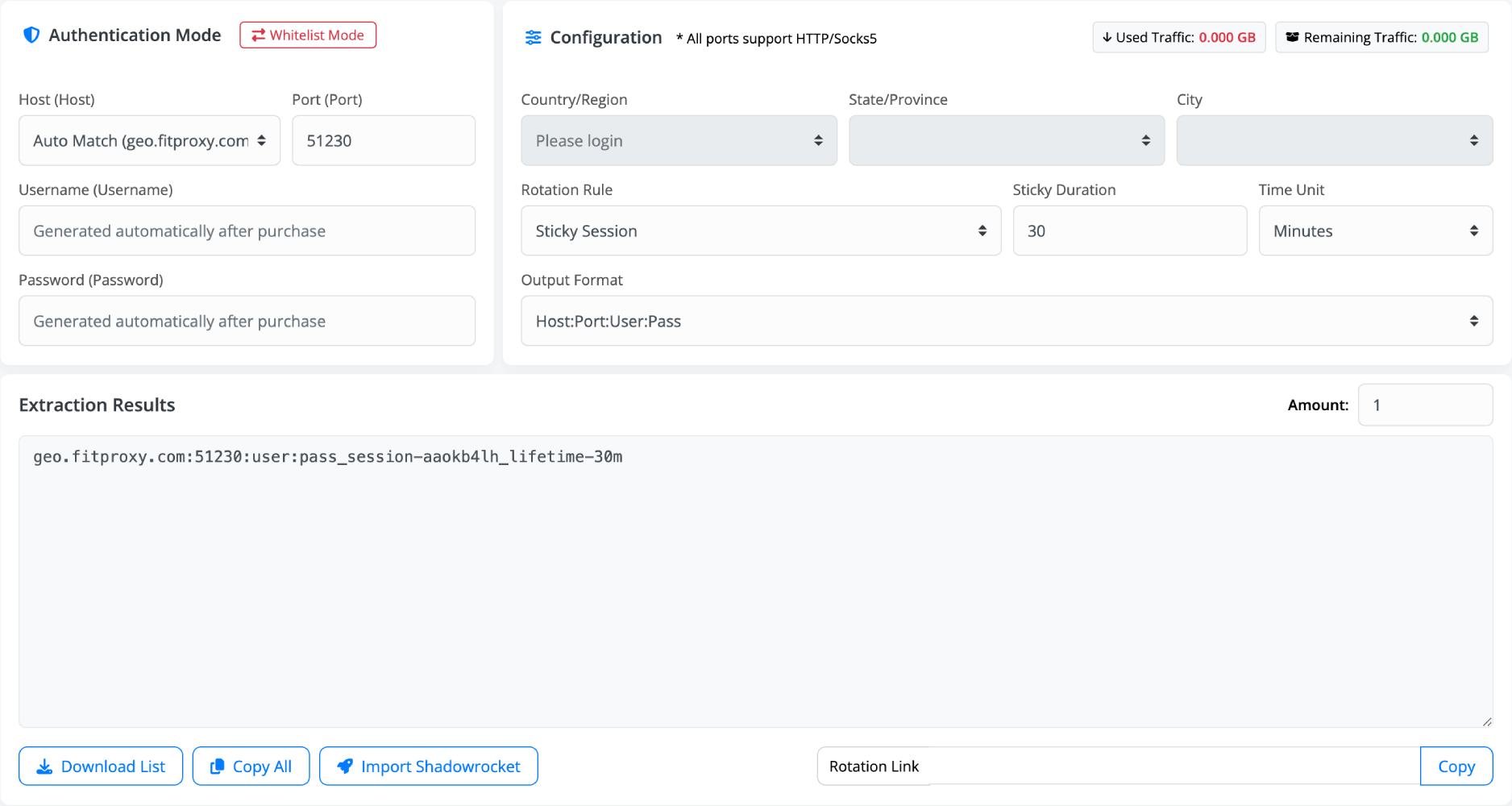 FitProxy Dashboard Interface